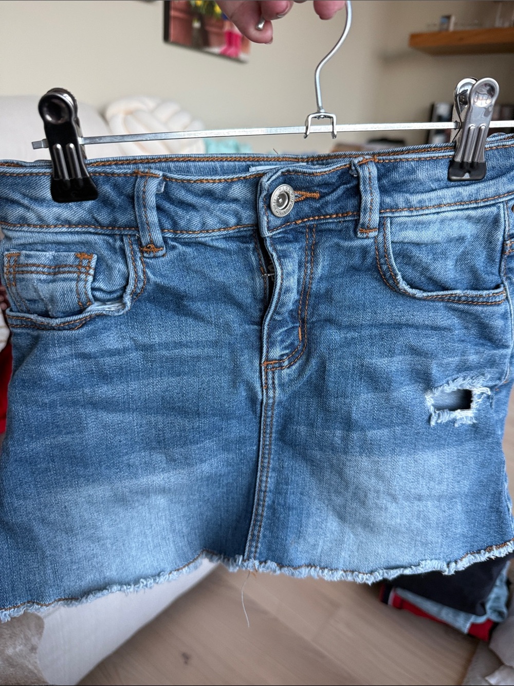 Zara Light Blue Denim Mini Skirt with Distressed Hem